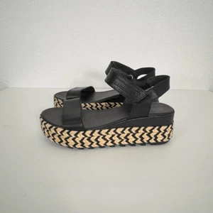 Sorel Black Leather Espadrille Sandals Platform with Cream & Black Striped Espad - Picture 1 of 10