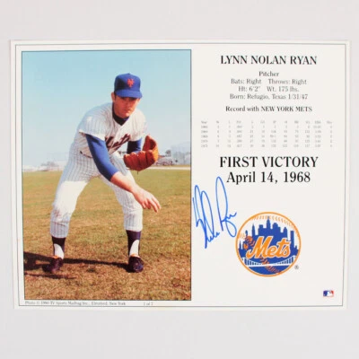 Nolan Ryan Signed Photo Card First Victory 1968 8x10 Mets - Image 1 of 3