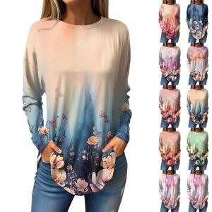 Pullover Fashion Fall Long Sleeve Casual Tee Shirts Top for Womens Printed Tops - Picture 1 of 39