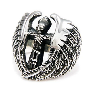 SKELETON WINGS SKULL 925 STERLING SILVER BIKER GOTHIC ROCKABILLY RING bub-r001 - Picture 1 of 6