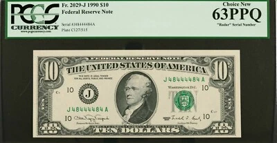 $10 FRN 1990 Super RADAR 48444484 Federal Reserve Note PCGS 63PPQ - Image 1 of 2