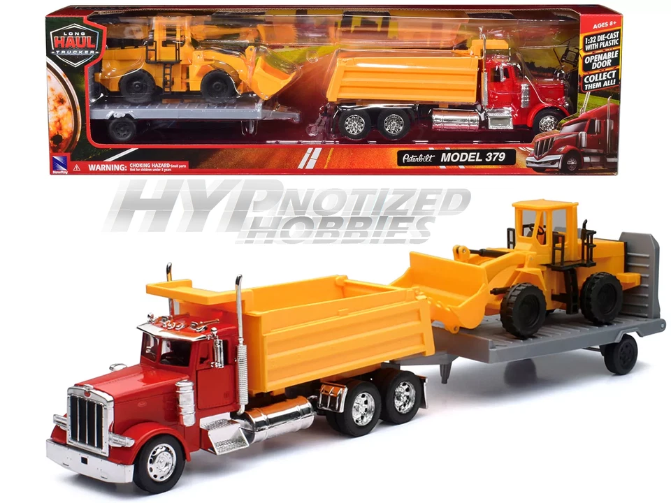 全新 RAY 1:32 红色 PETERBILT 379 双人卡车 带黄色轮式装载机 SS-10673 — 第 1/1 张图片