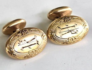 Antique Krementz Plate Monogram Initial Letter R Oval Bean Back Cufflinks 3/4" - Picture 1 of 5