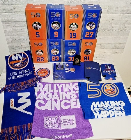 NY Islanders 50th Anniv Complete Bobblehead Set of 8  + Book, Scarf, Pin, Ring Cover