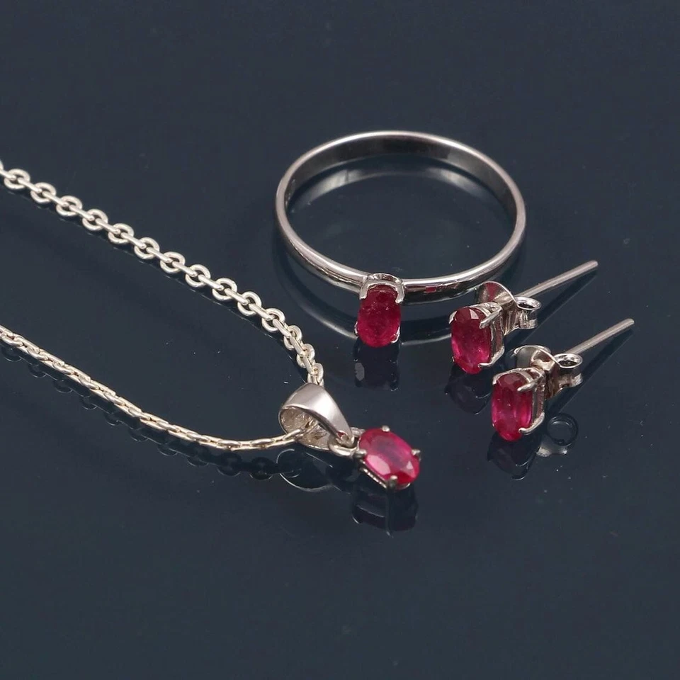 Rosa Rubino Ovale Gemma 925 Argento Sterling Donna Gioielli Set Damigella Regali - Immagine 1 di 4