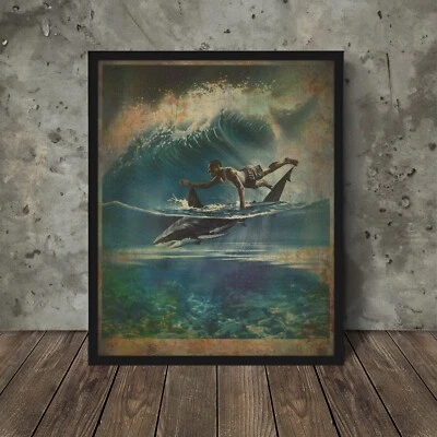 Vintage SURFING SHARK Wall Art, Black Man Surf Sea Poster, Ocean Nautical Decor - Image 1 of 4