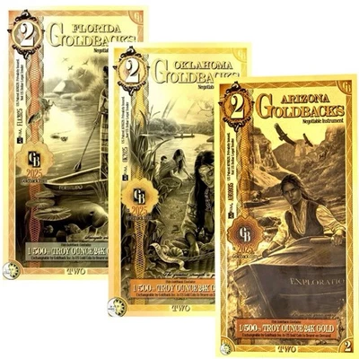 FULL SET 3 X 2 GOLDBACK 24K GOLD NOTES 1/500 OZ FLORIDA OKLAHOMA ARIZONA BU - Image 1 of 4