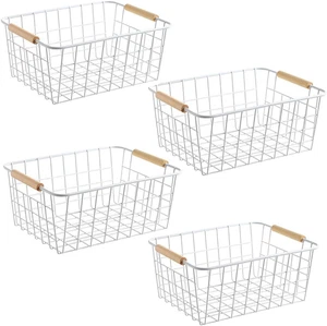 4 Pcs White Wire Baskets with Handles Wire Storage Organizer Baskets For Kitchen - Picture 1 of 12