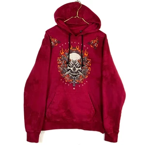 Y2K Affliction Sweatshirt Hoodie Large Red Studded Flaming Skull Roses - Picture 1 of 3