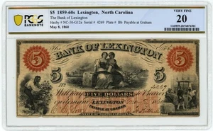 NC-30-G12a $5 años 1859-60 Lexington, NC Bank Of Lexington VF20 PCGS 950414-37 - Imagen 1 de 3
