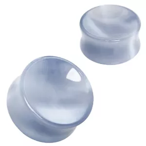 Pair of Natural Grey Cat's Eye Concave Stone Saddle Plug Double Flare Ear Lobe - Picture 1 of 1