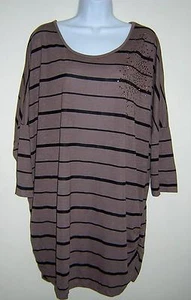FRENCH CONNECTION STRIPED BROWN BLACK TOP SHIRT CRYSTALS 3/4 SLEEVES 22/24 EUC - Imagen 1 de 1