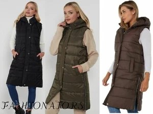 WOMEN'S LONG LINE HOODED PUFFER PADDED GILET JACKET LADIES VEST TOP BODY WARMER - Picture 1 of 13