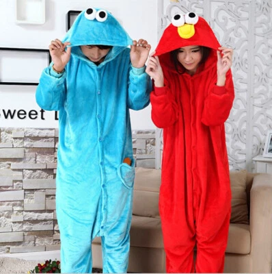 Unisex Adults Sesame Street COOKIE MONSTER ELMO Costume Flannel Pajamas Kigurumi - Image 1 of 4