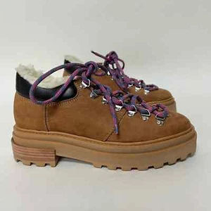 New SCHUTZ Lucille Hike Boot Tan Suede Shearling Lace Up Platform Lug Size 7.5 - Picture 1 of 11
