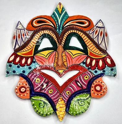 Vtg Cuba Handmade Folk Art Paper Mache Mask Wall Art Colorful 13x11in Thin Light - Image 1 of 4