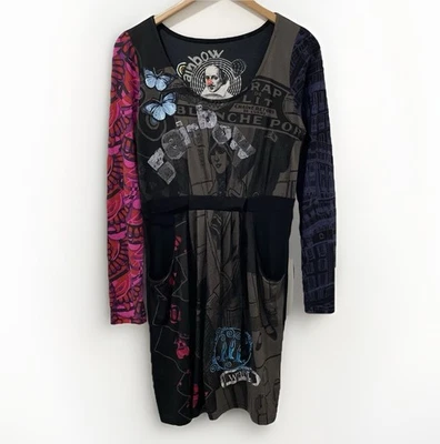 Desigual Art Nouveau Boho Dress Large Black Midi Applique Belted Rainbow Vintage - Image 1 of 4