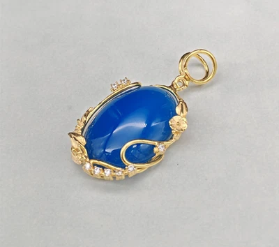 Ciondolo donna agata blu argento 925 placcato oro giallo fatto a mano - Immagine 1 di 4