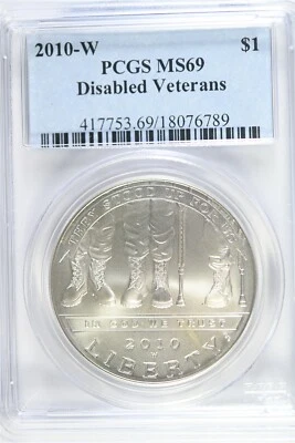2010 W UNCIRCULATED $1.00 Silver Commemorative - Disabled Vets - PCGS MS 69 - Image 1 of 2
