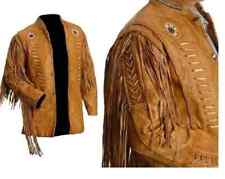 Men American Native Western Cowboy Real Leather Jacket Fringed & Beaded - Brown