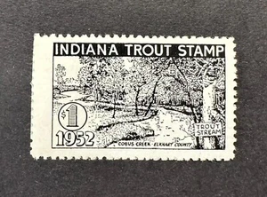 WTDstamps - 1952 INDIANA - State Trout Fishing Stamp - Small area of missing gum - Picture 1 of 2