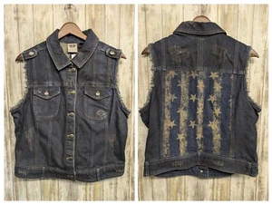 Harley-Davidson Women's Denim Vest American Flag Distressed Frayed Large NWT - Picture 1 of 14