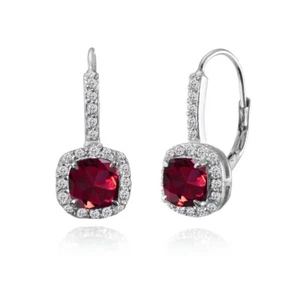 Cushion-cut Created Ruby & White Topaz Leverback Earrings in Sterling Silver - Picture 1 of 3