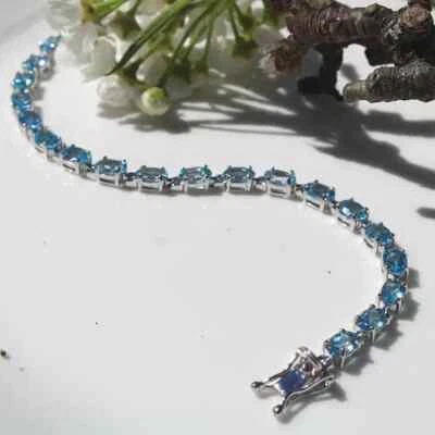 6 Ct Oval Cut Simulated Blue Topaz Women's Tennis Bracelet 14K White Gold Plated Foto 1 de 4