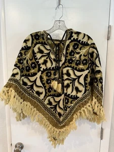 Vtg 1960s Reversible Tapestry Fringe Poncho Shawl Boho Green, Black, Floral - Picture 1 of 11