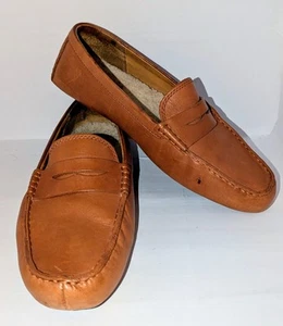 Ugg Penny Loafers Tan Leather & Shearling Indoor Outdoor Slipper Shoe Men 10½ A+ - Picture 1 of 22