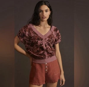 Pilcro Sweatshirt Womens Medium Dolman Short Sleeve Pink Floral Slouchy Terry - Picture 1 of 12