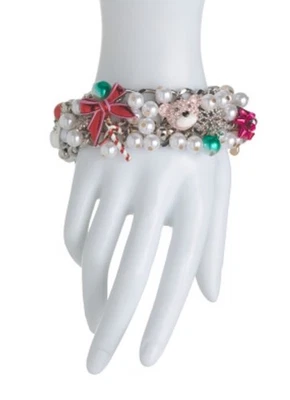 NUEVO BETSEY JOHNSON Tono Plata Adornos Vacacionales Imitación Perla Dijes Pulsera Palanca Foto 1 de 4