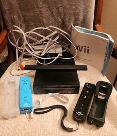 Nintendo Wii Black Console Tested Bundle 2 Controllers Black Blue Motion Plus