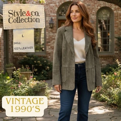 STYLE & CO. VTG Women's Suede Leather Blazer Jacket Sport Coat Earthy Olive  XL - Image 1 of 4