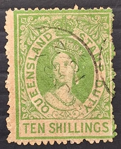 1868 Queensland Australia 10/- Gn Lge Chalon Head Stamp Duty WMK Crn/Q Used£650 - Picture 1 of 2