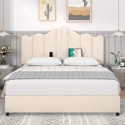 Base De Cama Queen Beige Con Cabecera De Madera Moderna Plataforma En Oferta New - Image 1 of 4