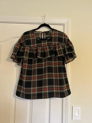 Blusa Top Mujer J.CREW Vacaciones Negro Rojo Tartán Cuadros Manga Corta Talla 10 Foto 1 de 4