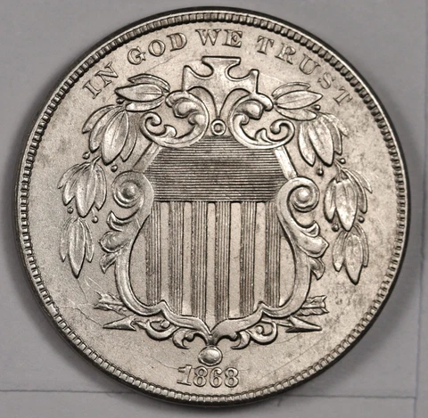 1868 Shield Nickel.   AU.  179399 Cover
