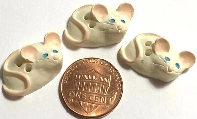 3 JHB Hand-Painted Resin Off-white Pink Blue Mouse Buttons 23mm 7/8" Long 12542 - Image 1 of 4