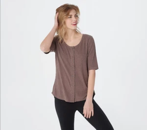 AnyBody Cozy Kind Elbow Sleeves Button Front Scoop Neck Top Taupe Large Size - Picture 1 of 1