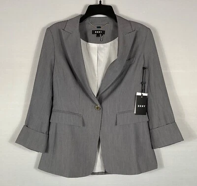 DKNY Blazer Womens Size 4 Gray Textured One-Button Stretch 3/4 Sleeves NWT - Image 1 of 4