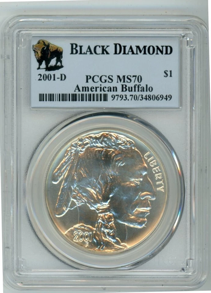 2001D BLACK DIAMOND AMERICAN BUFFALO COMMEMORATIVE $1 PCGS MS70 Cert. 34806949 - Image 1 of 2