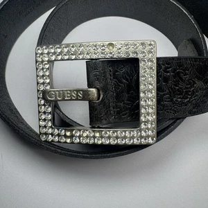 Guess Vintage Black Leather Belt Silver Rhinestone Buckle Size Large Embossed - Picture 1 of 11
