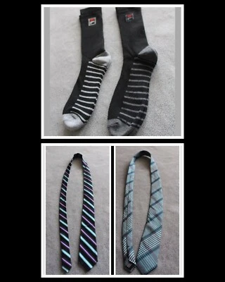 2 corbatas Ben Sherman ajustadas de seda negras ~ verde azulado ~ rayas púrpuras + calcetines Fila Foto 1 de 4