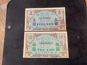 Japan 1945 5 & 10 Yen Military Currency Crisp 2 Banknote Lot N2036 - Picture 1 of 2