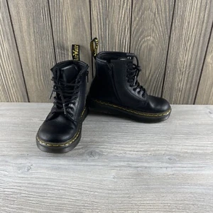 Dr Martens Kids' Black Leather Zavala Combat Lace Up Boot Size 10 - Picture 1 of 14