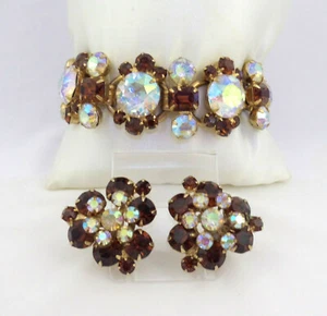 VTG Juliana Bracelet & Earring Set Large AB & Amber Color Glass Rhinestones - Picture 1 of 10