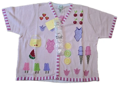 Quacker Factory Short Sleeve Cardigan 3X Pink Summer Cherry Button Covers NWT - Image 1 of 4