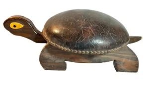 VTG MCM Leather Wood Turtle Footstool Ottoman Stool 70s Boho Retro 24”X 14”X 9” - Picture 1 of 8
