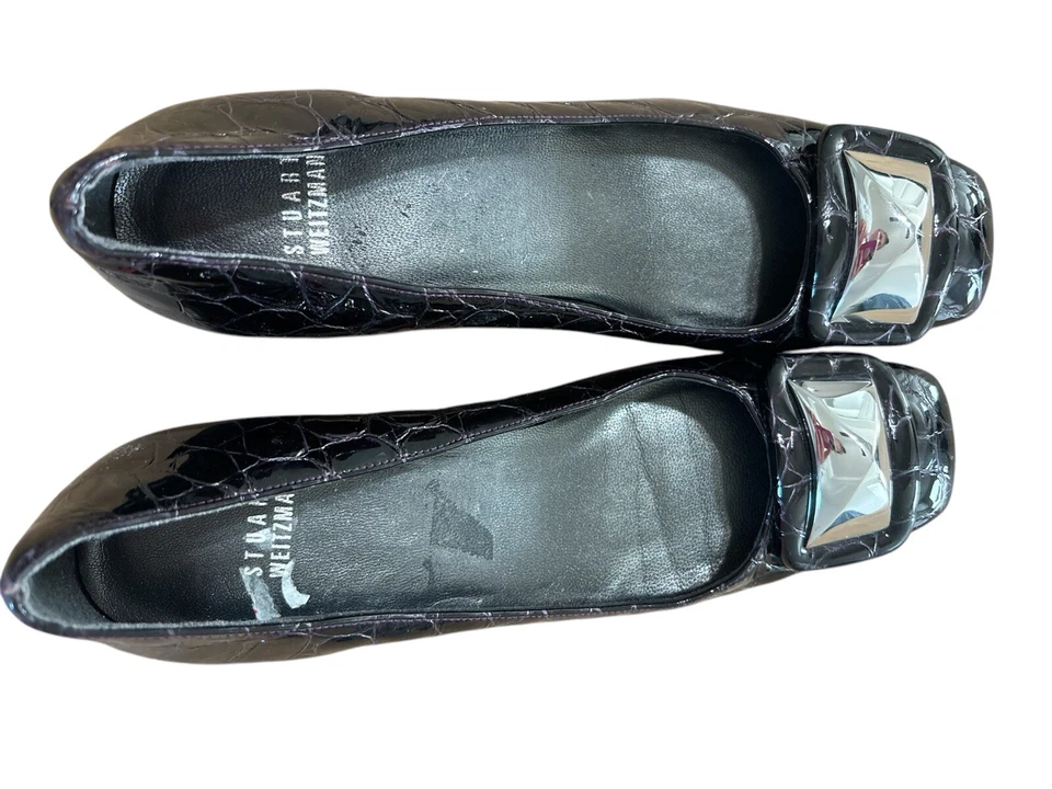 Stuart Weitzman Mujer Cocodrilo Cuero Negro Repujado Tacón Bloque Hebilla de Bomba Talla 8 Foto 1 de 4